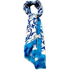 La Seine Women's Scarf Wrap Scarf Blue White Floral Geometric Fringe Classic NEW